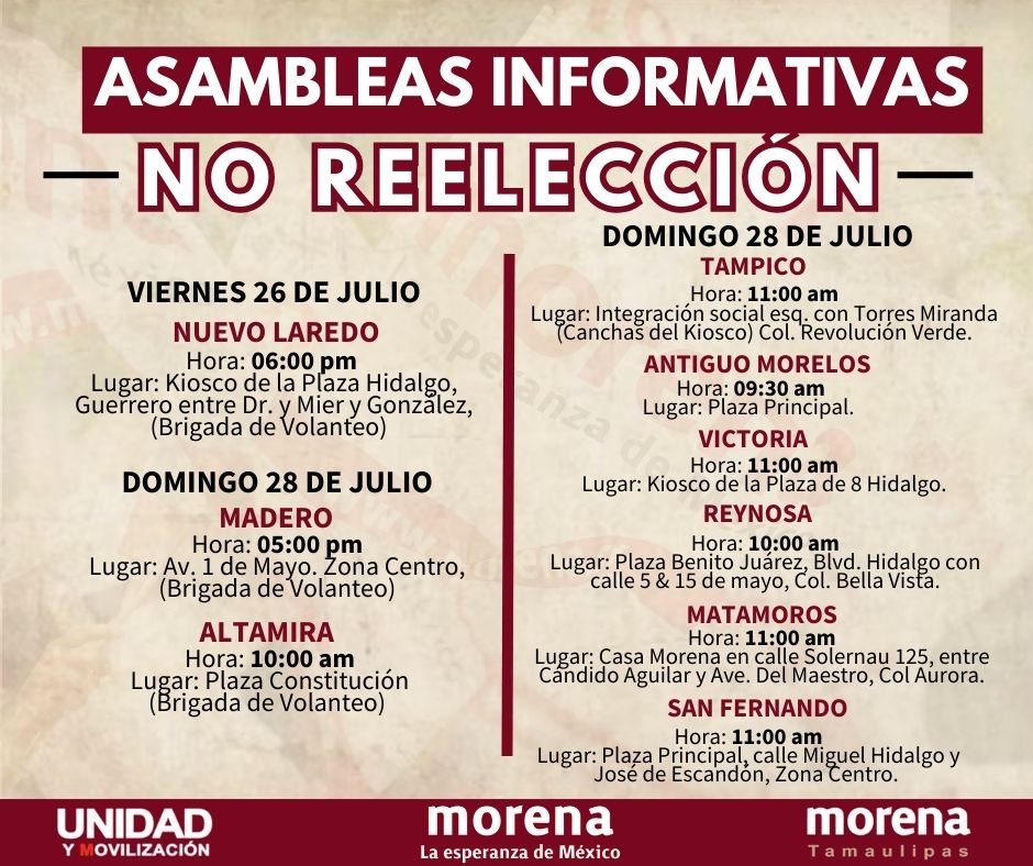 Anuncia Morena Tamaulipas asamblea informativa sobre la “No Reelección”
