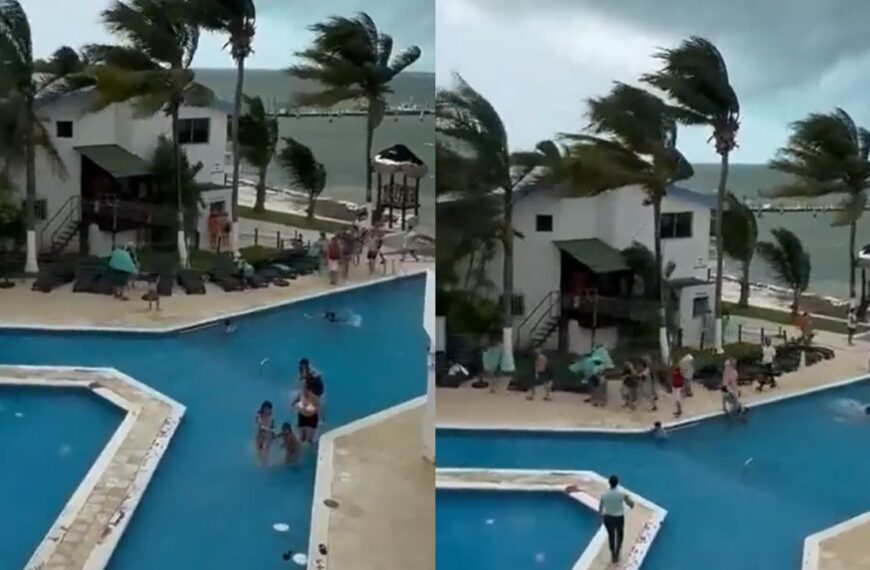 VIDEO: ¡Ay mi chancla! Turistas de hotel se resguardan del huracán “Beryl”