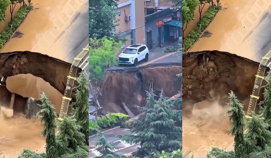 ¡Impresionante VIDEO! Enorme agujero se abre en plena carretera de China
