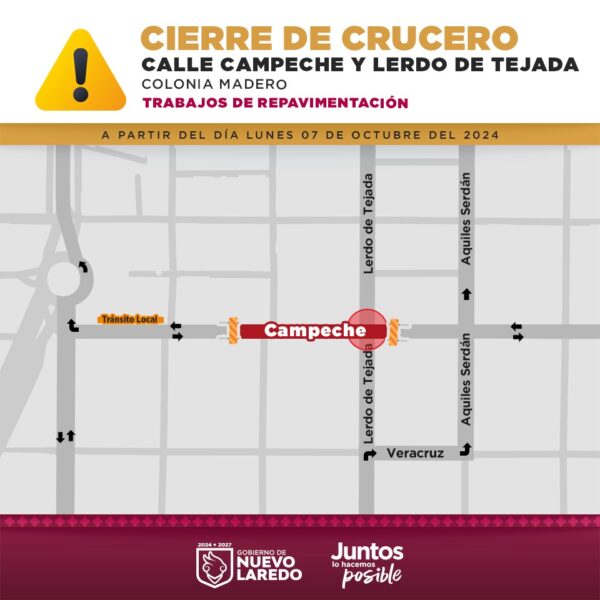 Cerrarán crucero de Campeche y Lerdo de Tejada por trabajos de repavimentación
