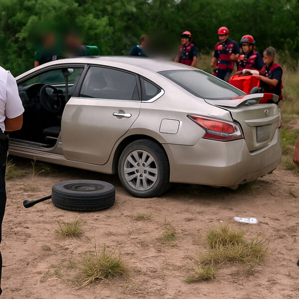 "Tráiler embiste a familia en Radial 3, Nuevo Laredo – vehículo afectado fuera de la carretera mientras paramédicos atienden a los pasajeros"