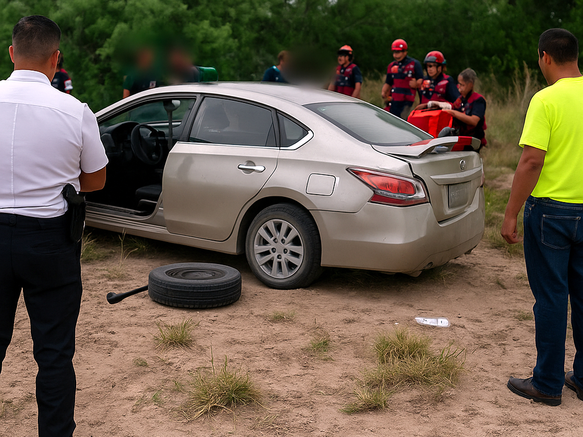 "Tráiler embiste a familia en Radial 3, Nuevo Laredo – vehículo afectado fuera de la carretera mientras paramédicos atienden a los pasajeros"