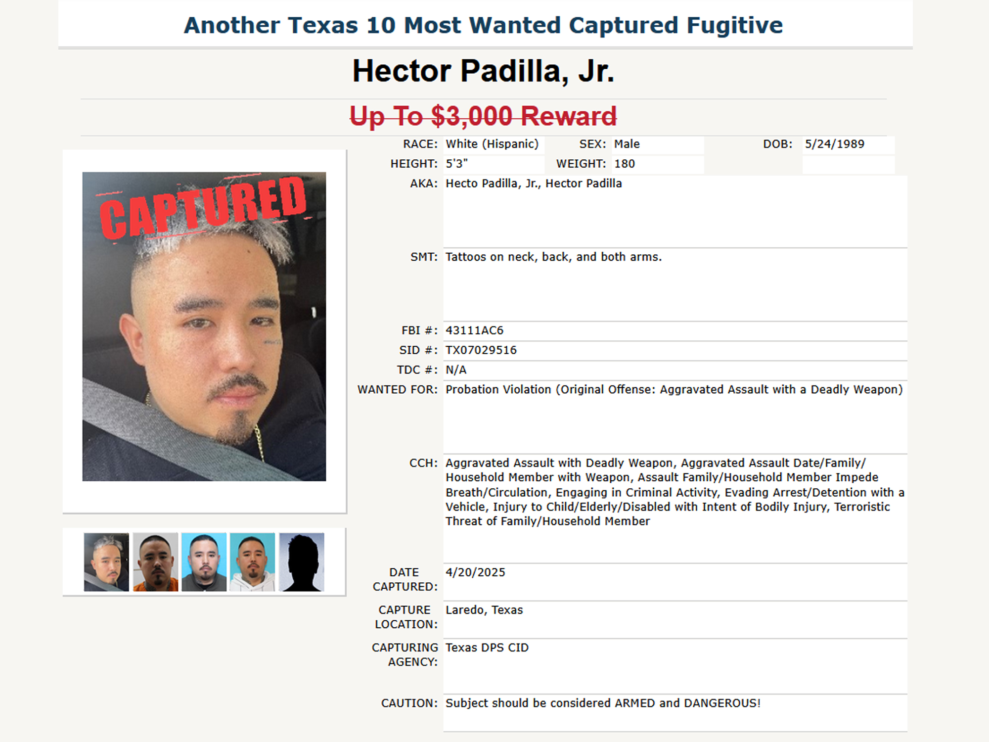 Fugitivo peligroso capturado por DPS en Laredo Texas abril 2025