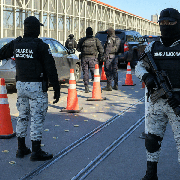 Guardia Nacional revisando vehículos en retén fronterizo con largas filas y tráfico intenso