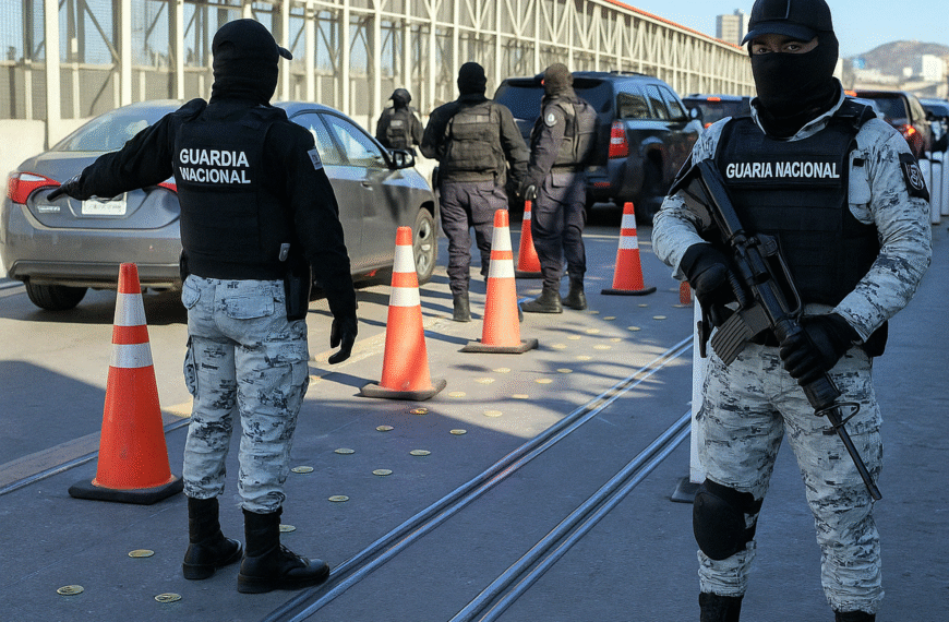 Guardia Nacional revisando vehículos en retén fronterizo con largas filas y tráfico intenso