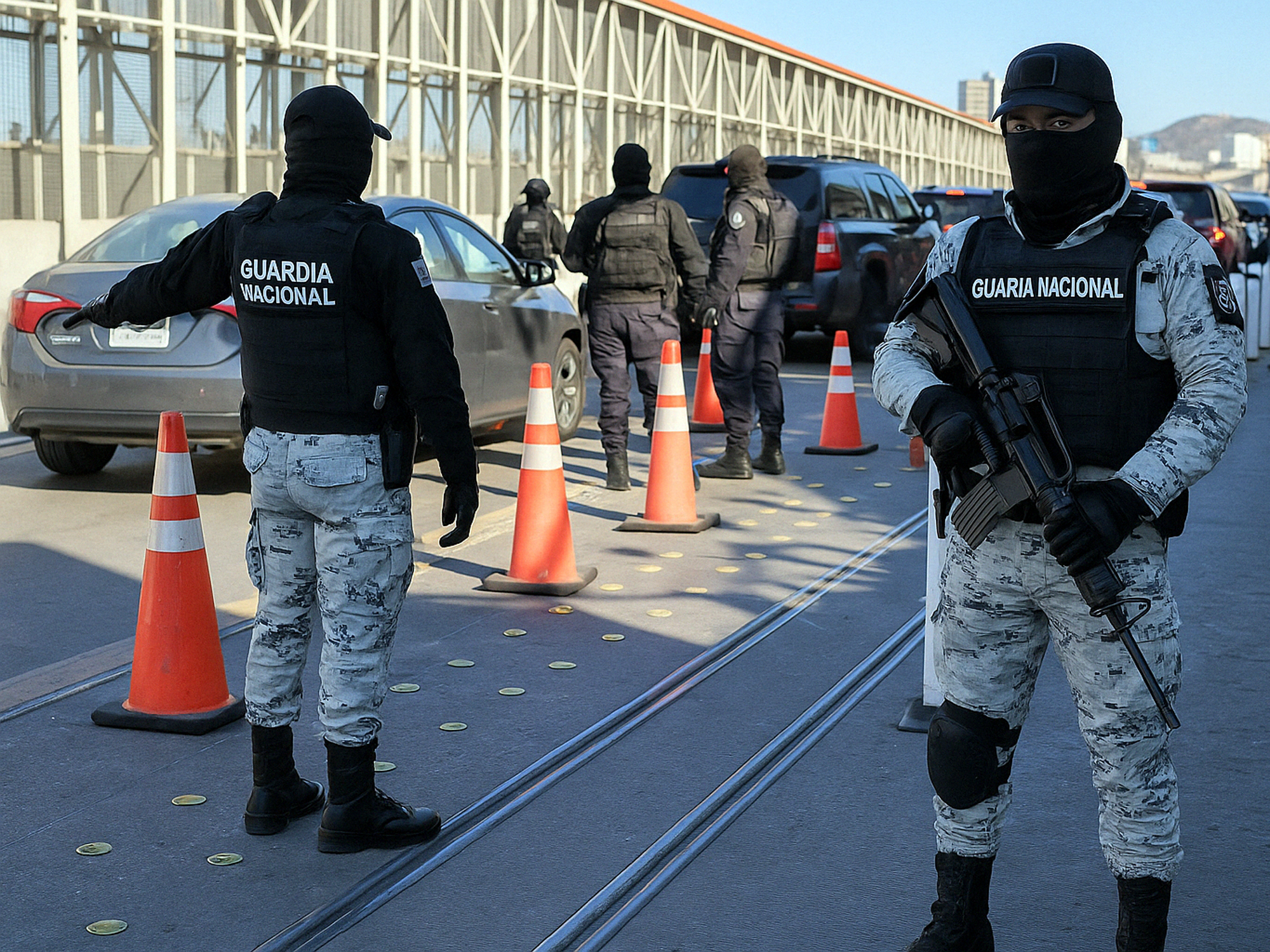 Guardia Nacional revisando vehículos en retén fronterizo con largas filas y tráfico intenso