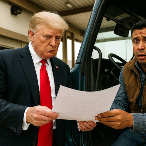 Donald Trump revisa documentos de un conductor mexicano preocupado en una caseta de inspección de camiones en la frontera