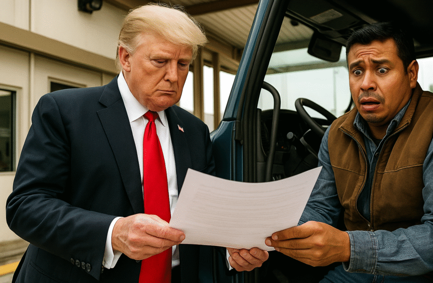 Donald Trump revisa documentos de un conductor mexicano preocupado en una caseta de inspección de camiones en la frontera