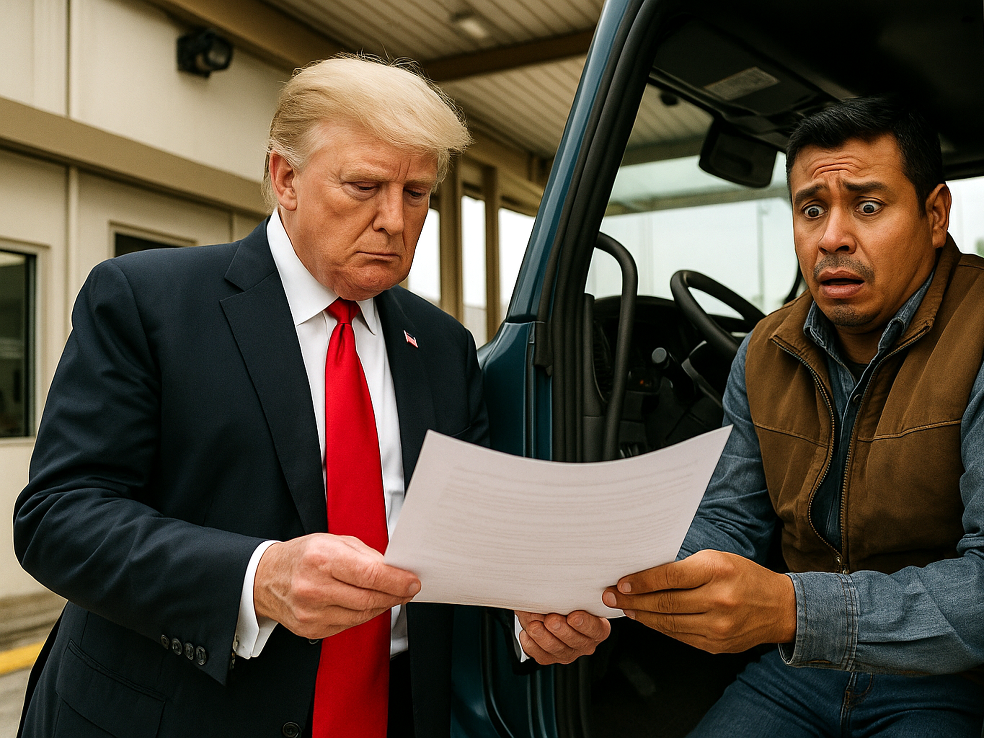 Donald Trump revisa documentos de un conductor mexicano preocupado en una caseta de inspección de camiones en la frontera