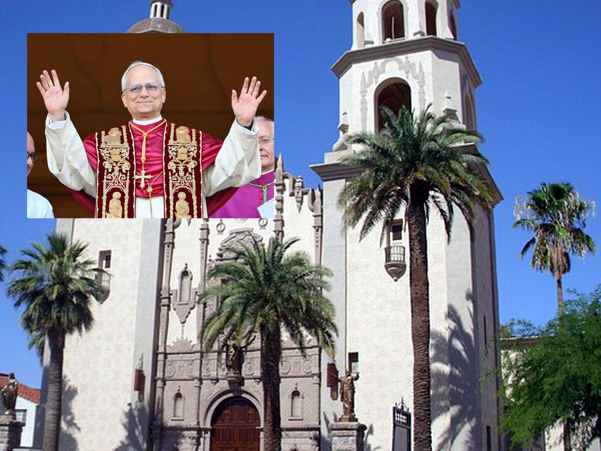 Exterior de la Catedral de San Agustín en Laredo, Texas, decorada para misa especial por el Papa León XIV