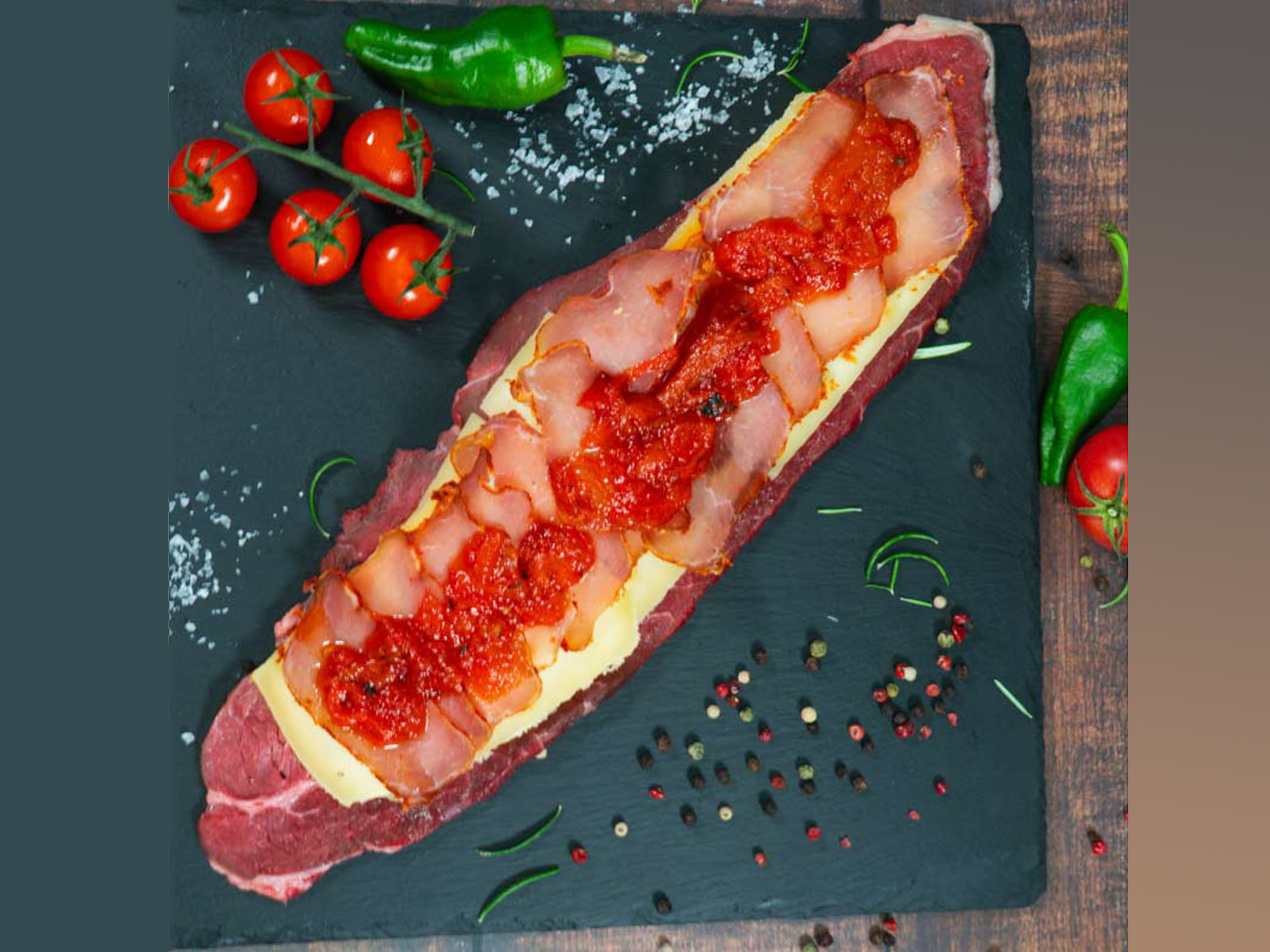 Cachopo de vaca Tudanca del restaurante El Túnel en Laredo, Cantabria, servido con papas fritas y pimientos.