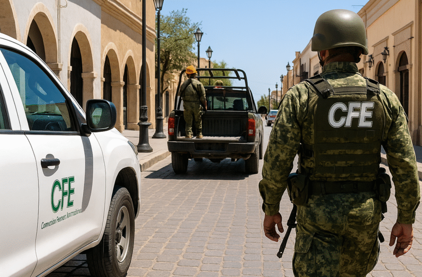 Guardia Nacional escolta a cuadrilla eléctrica en hotel clausurado de Reynosa tras operativo antirrobo.