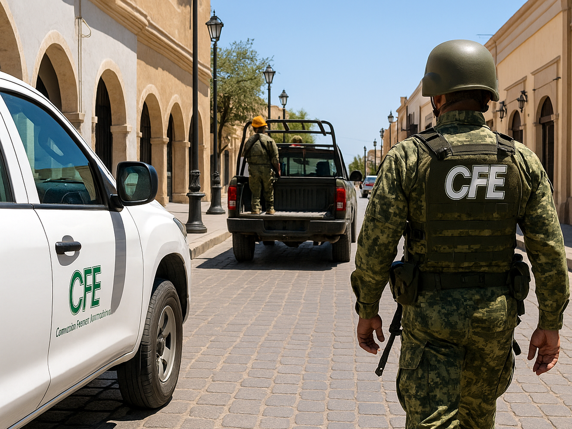 Guardia Nacional escolta a cuadrilla eléctrica en hotel clausurado de Reynosa tras operativo antirrobo.