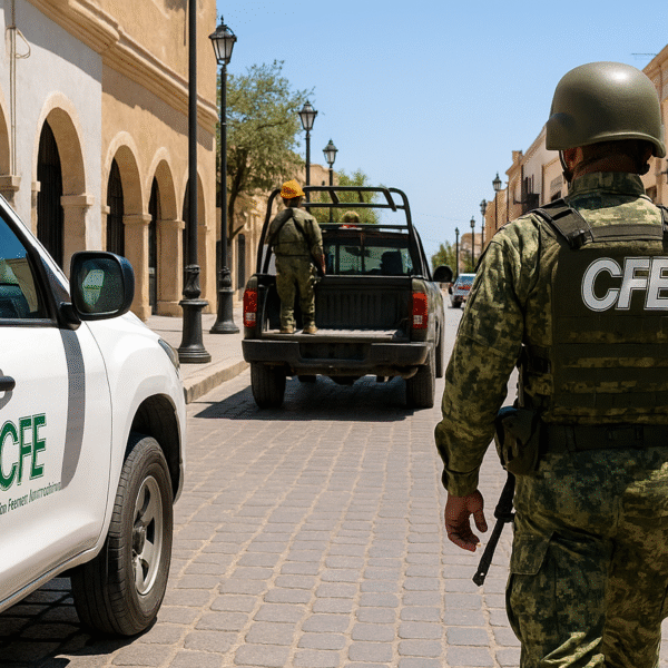 Guardia Nacional escolta a cuadrilla eléctrica en hotel clausurado de Reynosa tras operativo antirrobo.