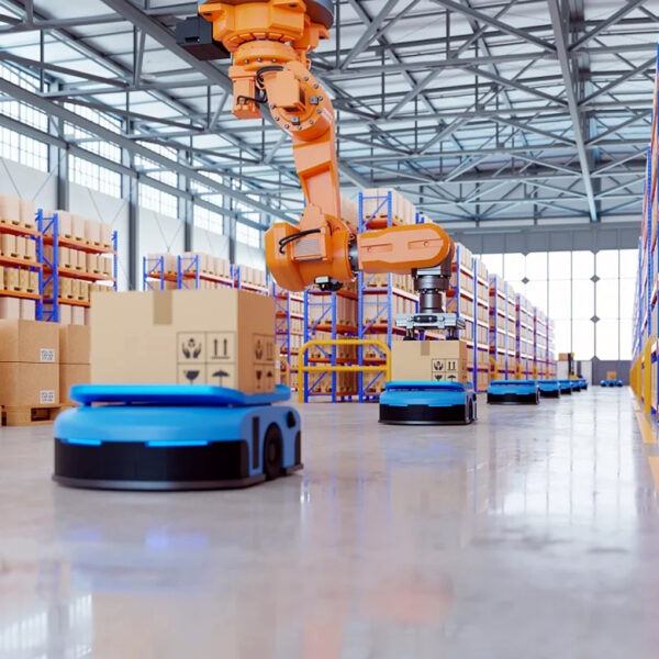 Interior de almacén automatizado donde un brazo robótico coloca cajas sobre vehículos móviles autónomos: ejemplo del entorno real que inspirará las becas bilingües de programación en robótica de almacenes.