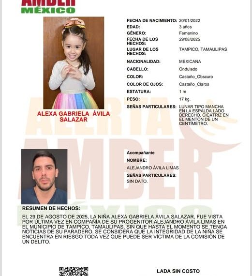 Activan alerta Amber para Alexa Gabriela, pequeña despojada a su madre por el padre de la menor