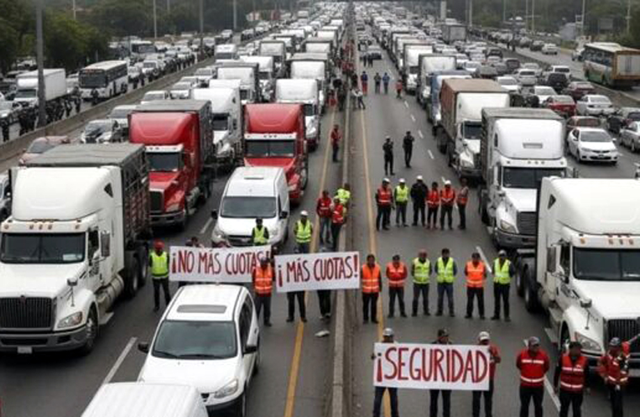 Transportistas bloquean una vialidad federal durante una protesta nacional para exigir seguridad y altos alza en cuotas de peaje