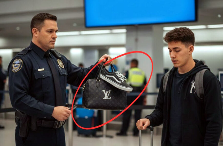 Oficial de CBP revisa un bolso y tenis sospechosos de ser pirata durante inspección en cruce internacional.