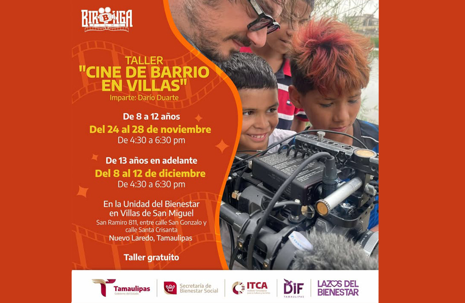 Niños y jóvenes de Villas de San Miguel aprendiendo a usar una cámara en el taller Cine de Barrio en Villas