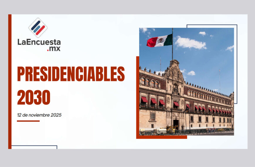 Portada del informe Presidenciables 2030 de LaEncuesta.mx con el Palacio Nacional y la bandera de México ondeando, publicada el 12 de noviembre de 2025.
