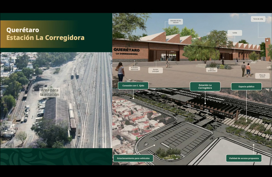 Montaje con foto area de vas ferroviarias y el render 3D de la futura estacin La Corregidora en Quertaro con edificios de ladrillo rea pblica y estacionamiento