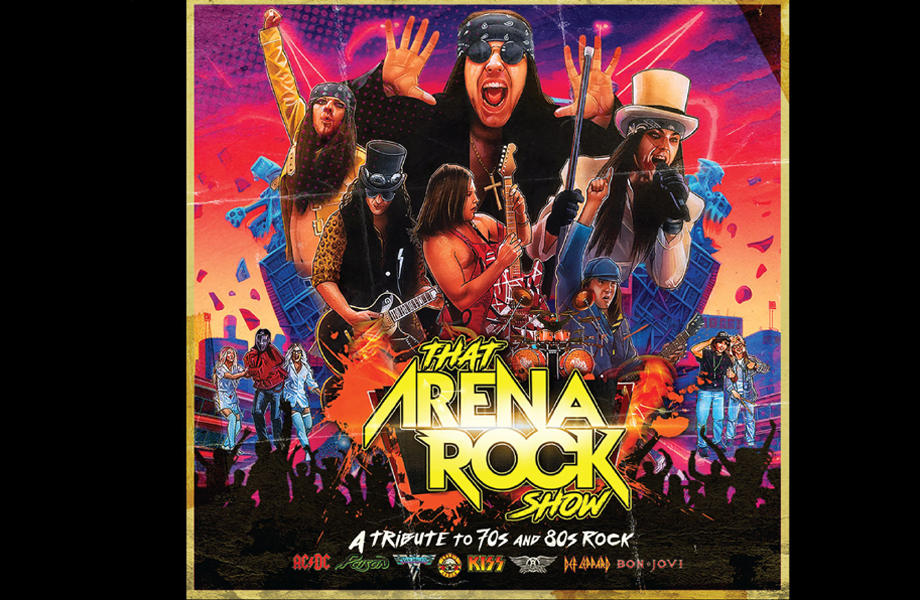 Pster de That Arena Rock Show con ilustraciones de la banda en concierto y el texto A Tribute to 70s and 80s Rock