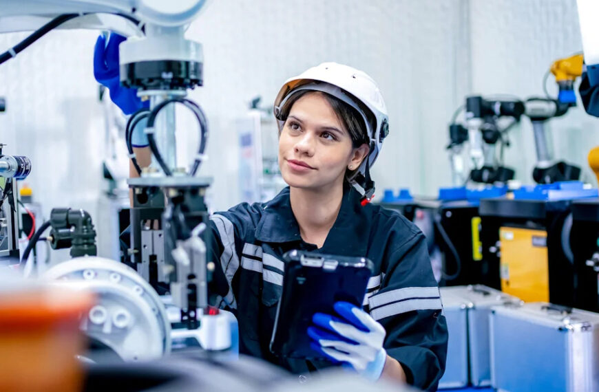 Estudiante de ingeniería usando una tableta para supervisar maquinaria automatizada en una fábrica con apoyo de inteligencia artificial.