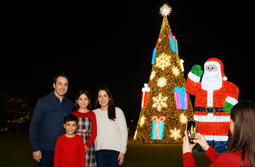 Familia de cuatro personas sonriendo frente a un árbol navideño gigante iluminado y una figura de Santa Claus en el Viveros Mágico de Nuevo Laredo.