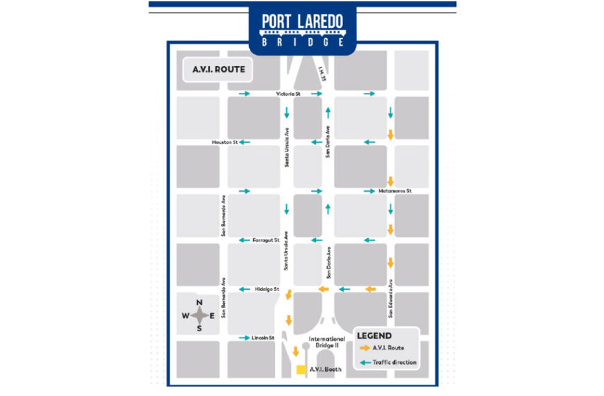 Mapa actualizado con calles y dirección de tráfico hacia el Puente II en Laredo para usuarios de AVI.