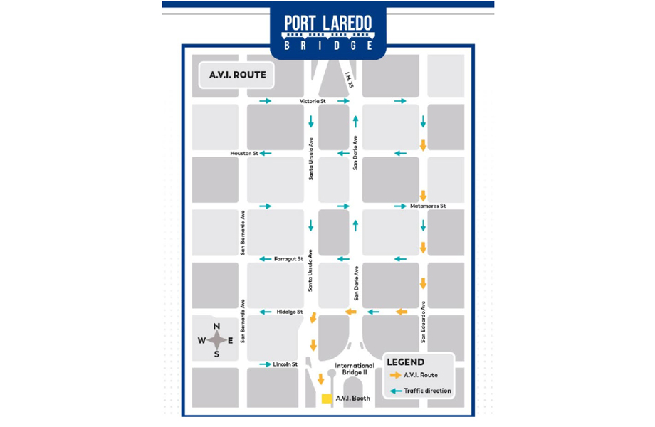 Mapa actualizado con calles y dirección de tráfico hacia el Puente II en Laredo para usuarios de AVI.