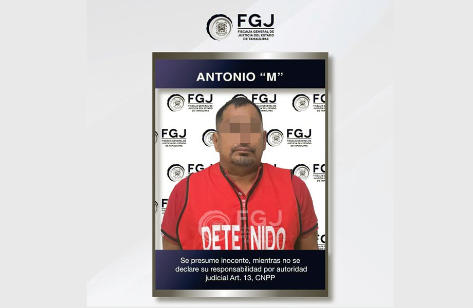 Ficha informativa de la Fiscalía General de Justicia de Tamaulipas que muestra a un hombre detenido e identificado como Antonio “M”, vinculado a proceso por abuso sexual contra una persona menor de edad en Nuevo Laredo.