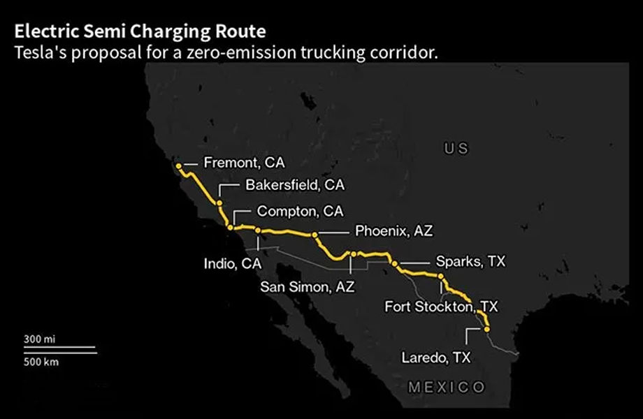 Mapa del corredor de carga elctrica propuesto para camiones Tesla Semi hasta Laredo Texas