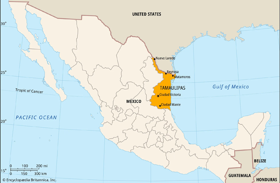 Mapa de Tamaulipas con ubicacin de Nuevo Laredo y ciudades fronterizas