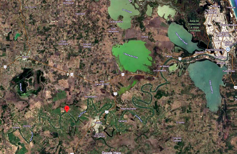 Vista satelital del Ro Pnuco en Veracruz con posible punto de extraccin de agua