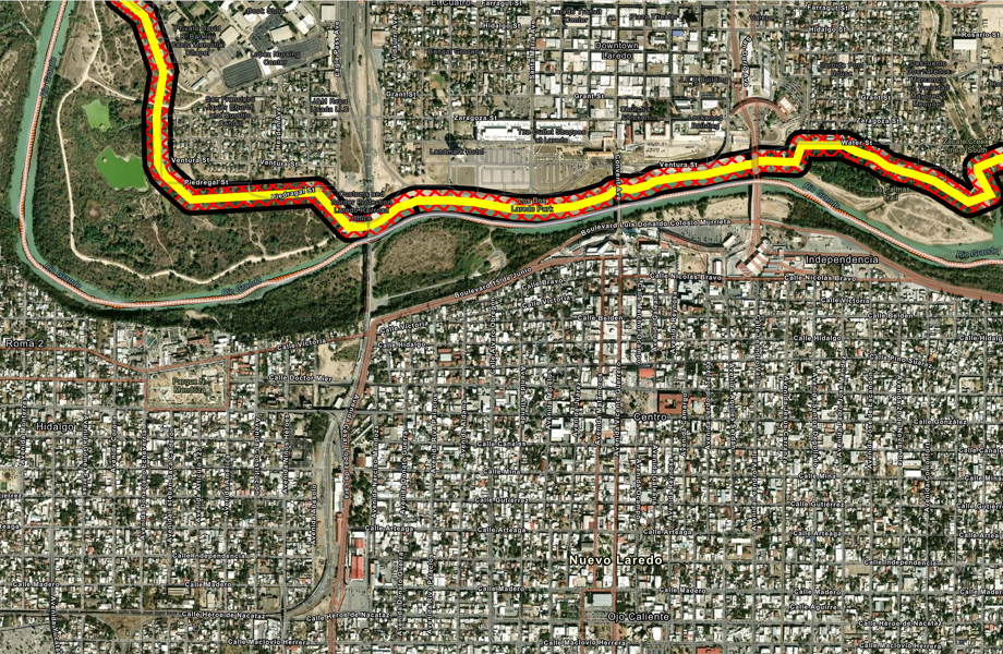 Mapa del Ro Bravo en la zona de Laredo y Nuevo Laredo con tramos fronterizos sealados