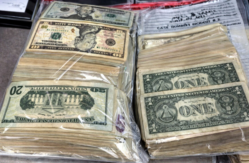 Detalle de fajos de billetes de uno, diez y veinte dólares dentro de bolsas de evidencia, decomisados por autoridades tras redadas en negocios de maquinitas en Laredo, Texas.