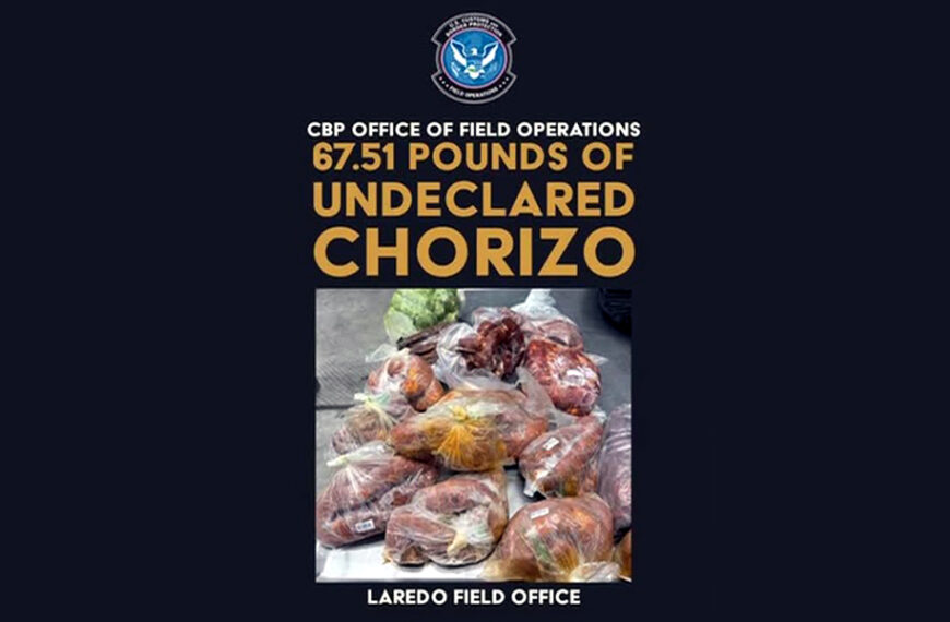 Oficiales de EU interceptan 30 kilos de chorizo ​​en el cruce fronterizo de Laredo