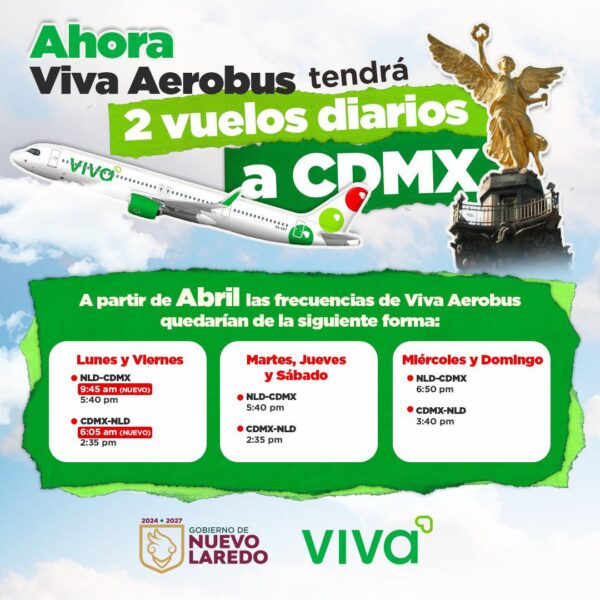 Viva Aerobús tendrá 2 vuelos diarios los lunes y viernes de Nuevo Laredo a Ciudad de México a partir de abril