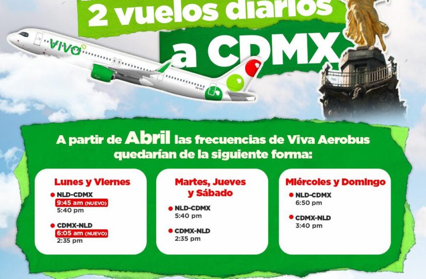 Viva Aerobús tendrá 2 vuelos diarios los lunes y viernes de Nuevo Laredo a Ciudad de México a partir de abril
