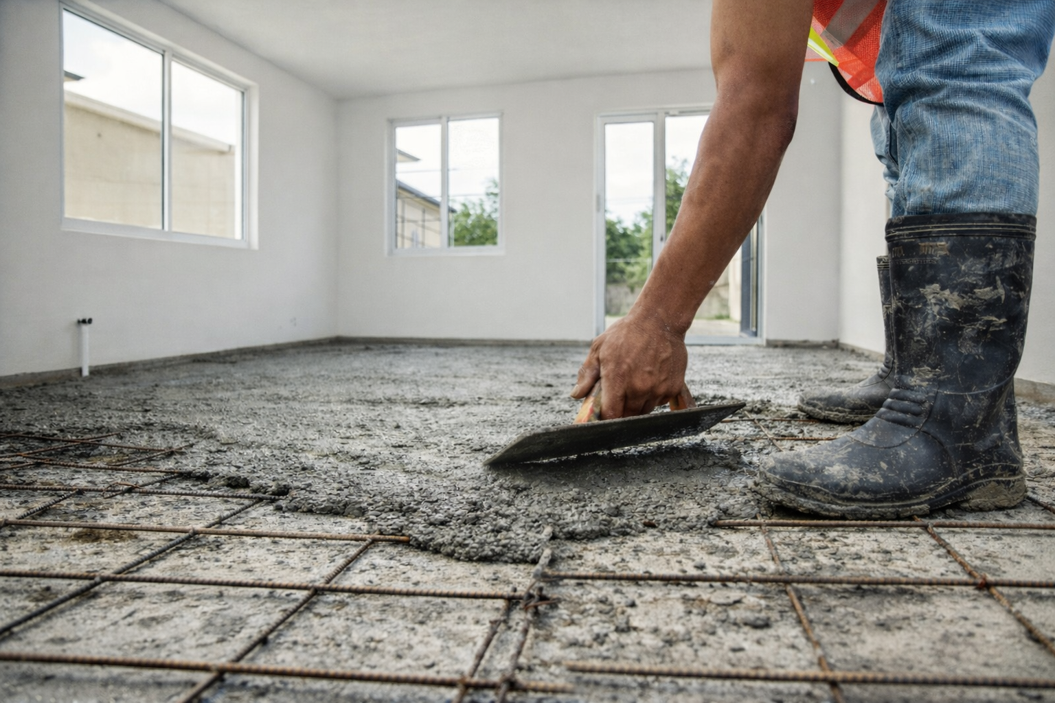 Colocación de piso de concreto en vivienda beneficiada por el programa Piso Firme 2026 en Nuevo Laredo.