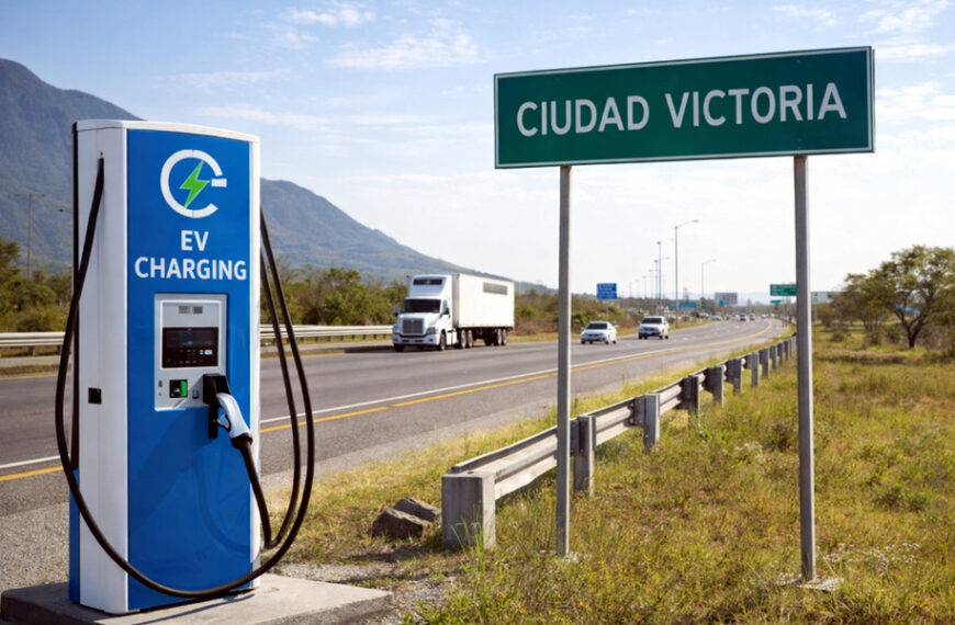 Cargador público para vehículos eléctricos instalado sobre carretera, como referencia del tipo de infraestructura que se busca desplegar en la ruta Ciudad Victoria–Nuevo Laredo.