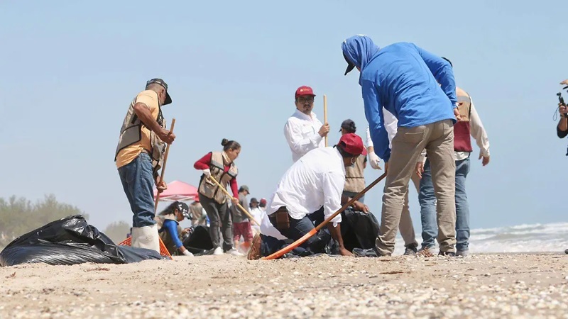 Con jornadas de empleo temporal limpian el petróleo en la costa de Tamaulipas