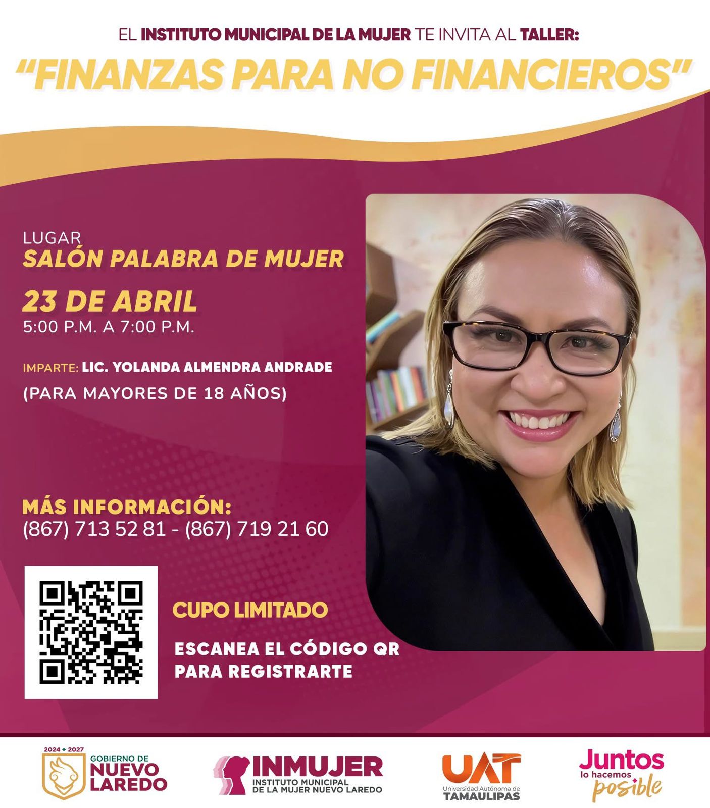 Promotional poster for 'Finanzas para no Financieros' with a smiling woman speaker, date, time, venue, and a QR code.