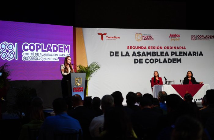 Speaker at a podium addressing an audience on a stage with COPLADEM branding on a purple screen and a white banner behind the panelists.