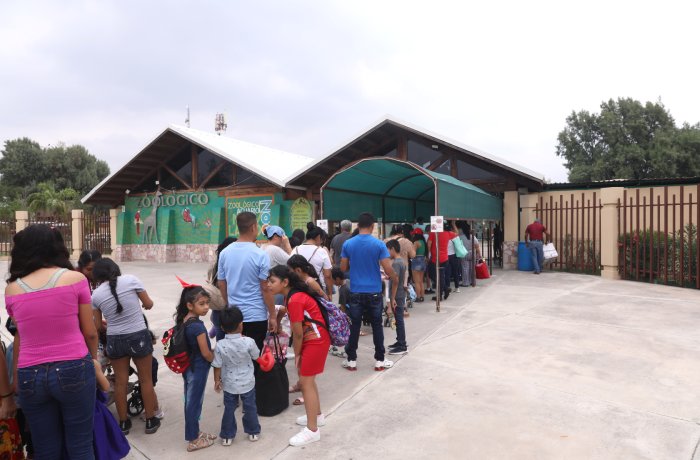 People line up outside a zoo entrance under a green canopy, waiting to enter the animals exhibit.