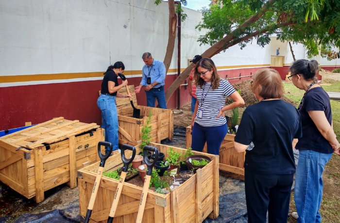 Group of adults outdoors tending wooden raised garden beds with young plants and shovels scattered nearby.