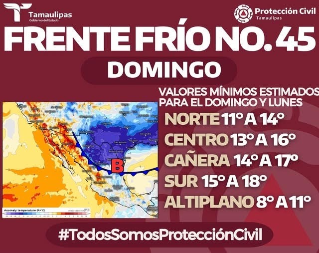 Cartel informando el Frente Frío No. 45 para domingo; incluye mapa de temperaturas mínimas por región: Norte 11–14°C, Centro 13–16°C, Cañera 14–17°C, Sur 15–18°C y Altiplano 8–11°C; invita a seguir #TodosSomosProtecciónCivil.