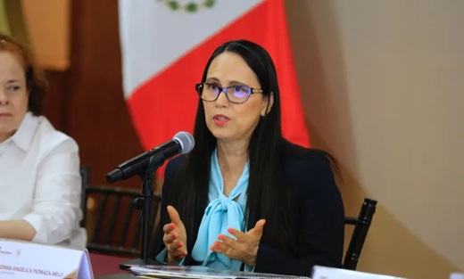 A woman with glasses speaks into a microphone at a panel, wearing a blue scarf and dark blazer, with a Peruvian flag behind her.