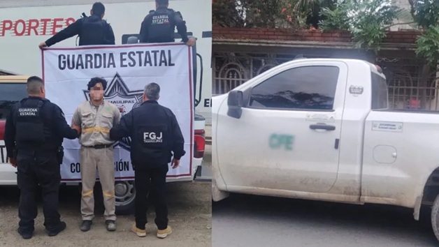Left: state police officers detain a man in a beige jumpsuit in front of a 'GUARDIA ESTATAL' banner on a truck; right: white pickup with tinted windows and green graffiti 'CFE' on the door.