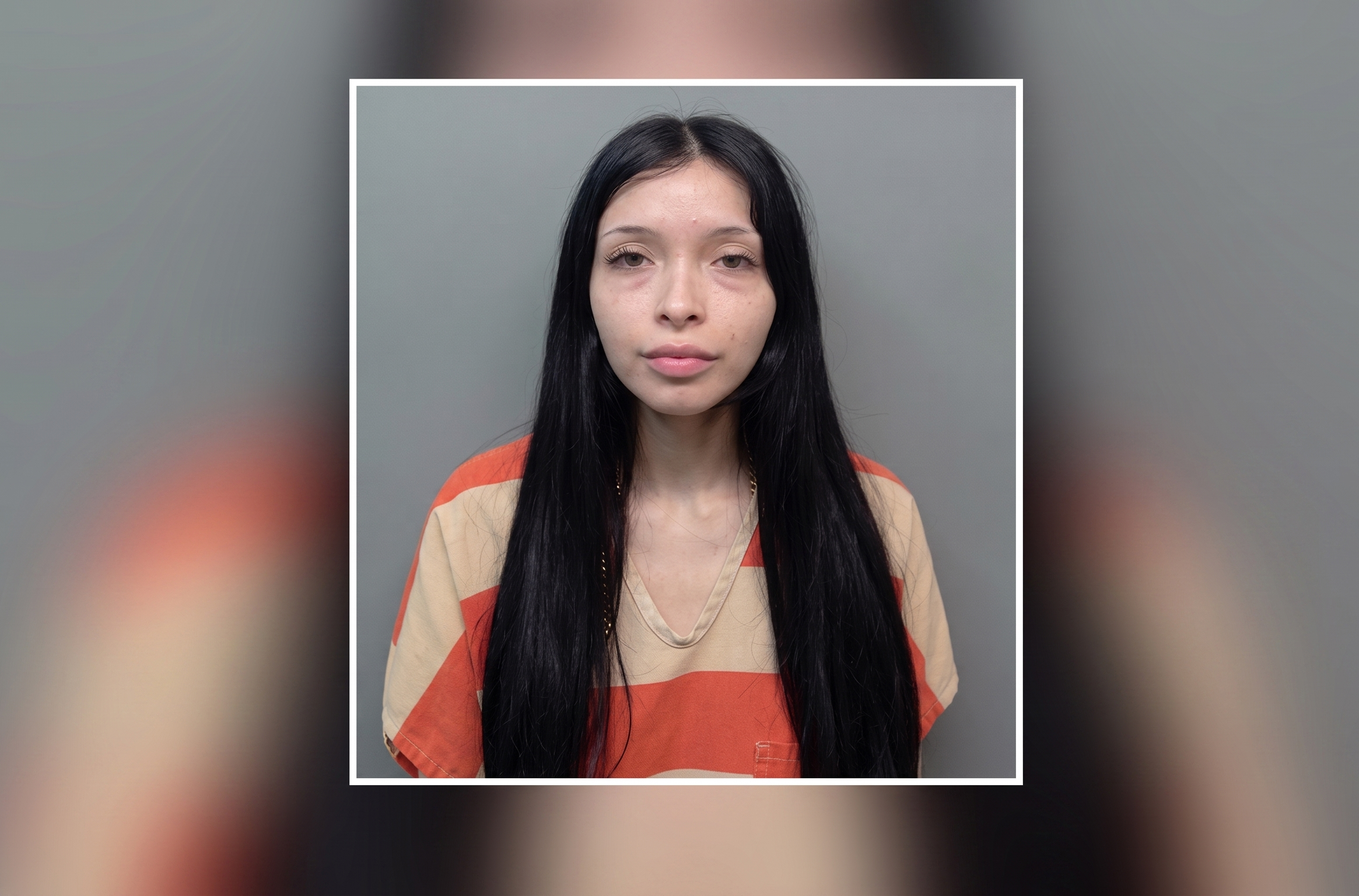 Front-facing portrait of a woman with long black hair wearing an orange-and-beige striped shirt against a gray background.